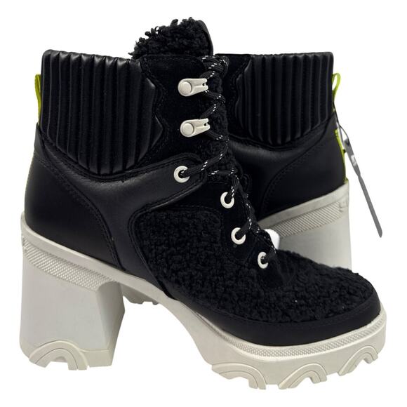 Sorel Brex Heel Cozy Lace Bootie Womens 8 Black Leather Faux Shearling White - Picture 4 of 10